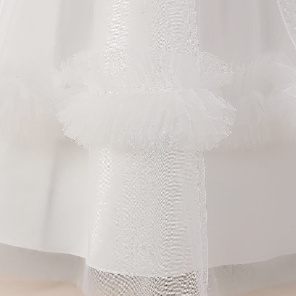 White Off Shoulder Tulle Maxi Dress for Girls | Cute A-Line Flower Girl Gown