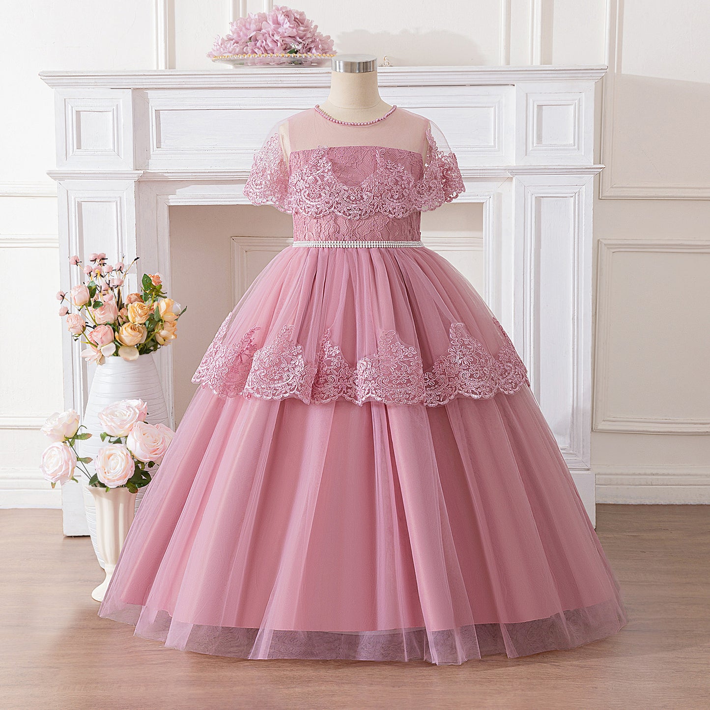 Pink Off Shoulder Maxi Girls Dress with Lace & Tiered Tulle | Formal Party & Flower Girl Gown