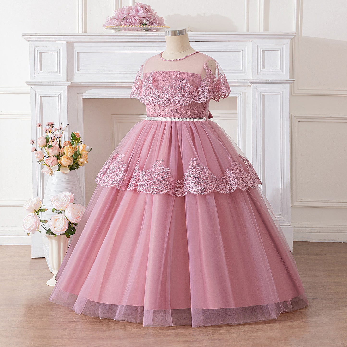 Pink Off Shoulder Maxi Girls Dress with Lace & Tiered Tulle | Formal Party & Flower Girl Gown