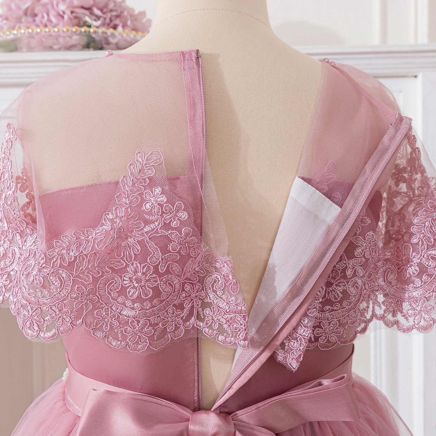 Pink Off Shoulder Maxi Girls Dress with Lace & Tiered Tulle | Formal Party & Flower Girl Gown