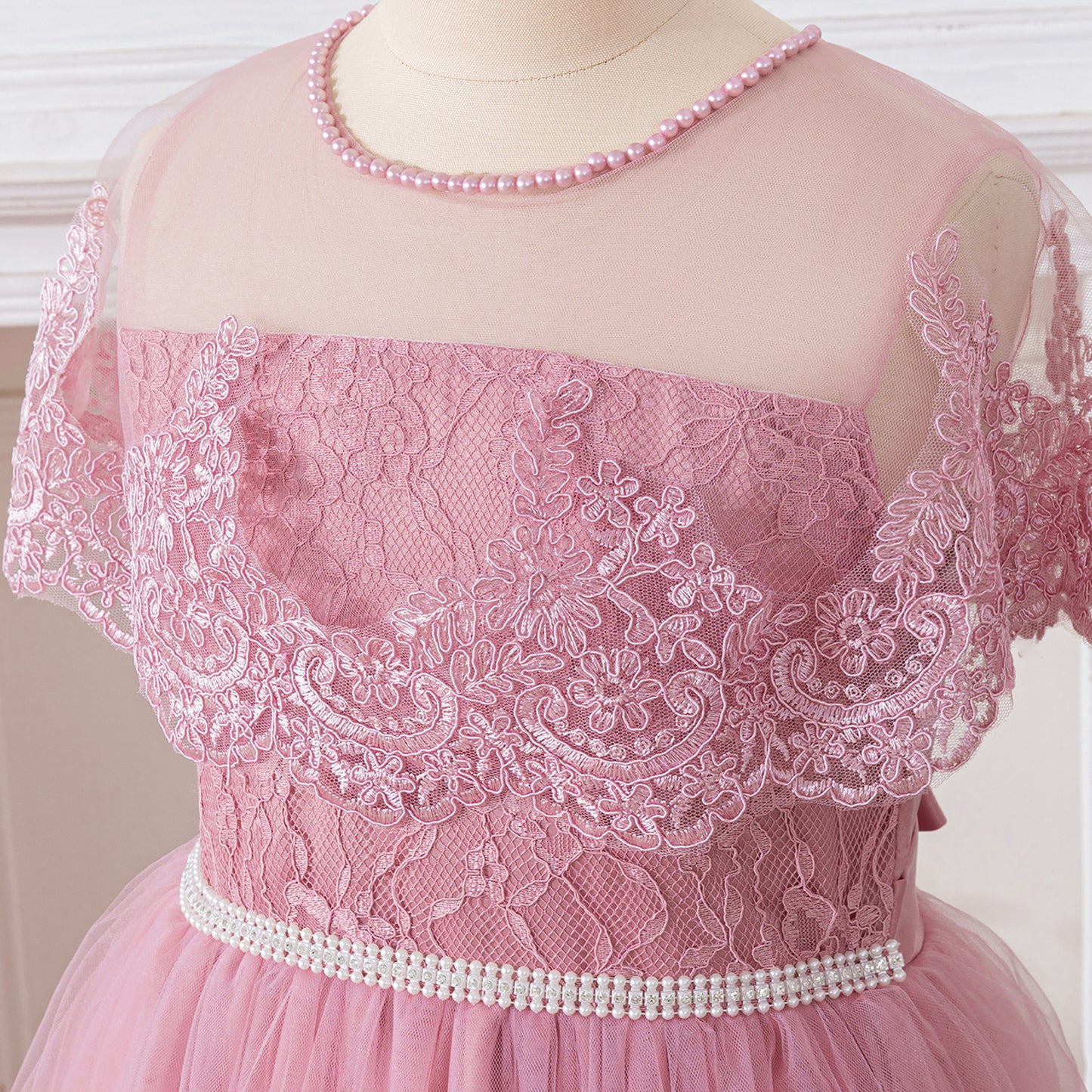 Pink Off Shoulder Maxi Girls Dress with Lace & Tiered Tulle | Formal Party & Flower Girl Gown