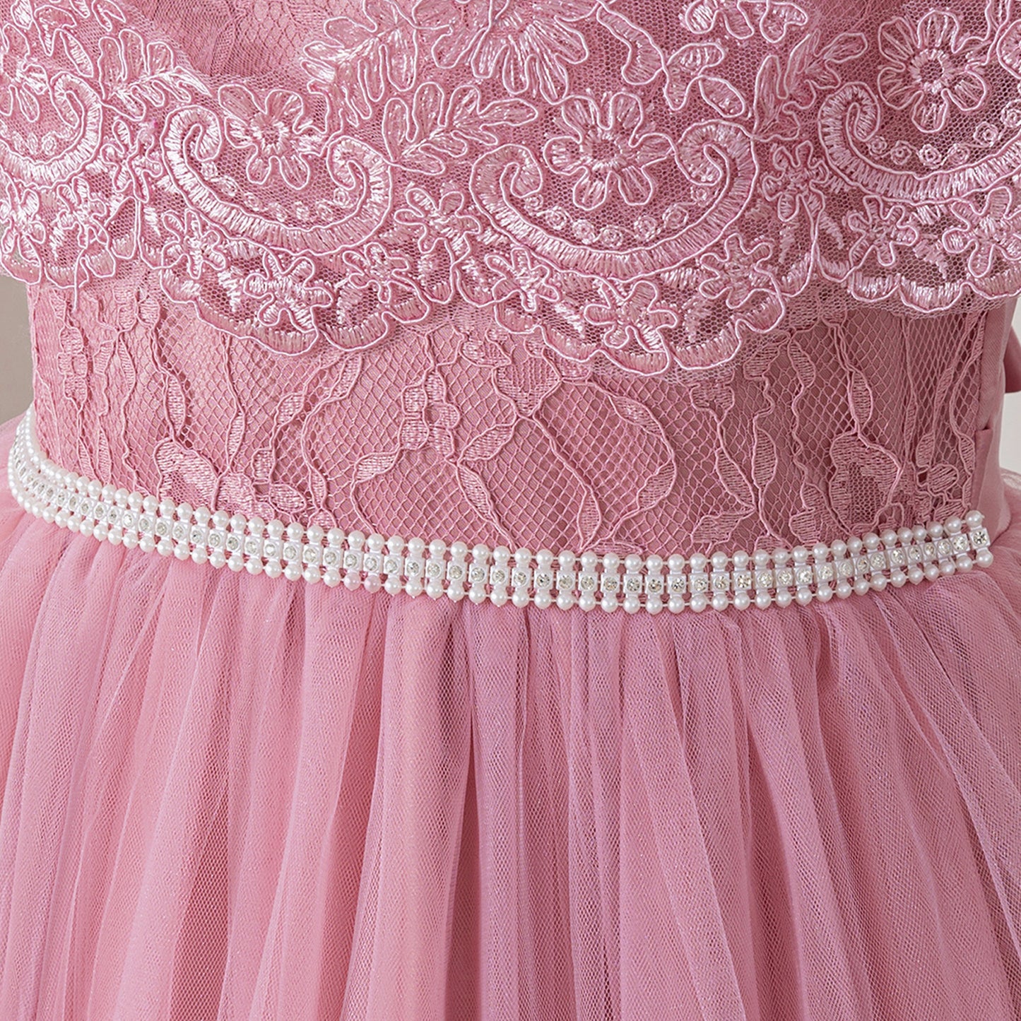 Pink Off Shoulder Maxi Girls Dress with Lace & Tiered Tulle | Formal Party & Flower Girl Gown
