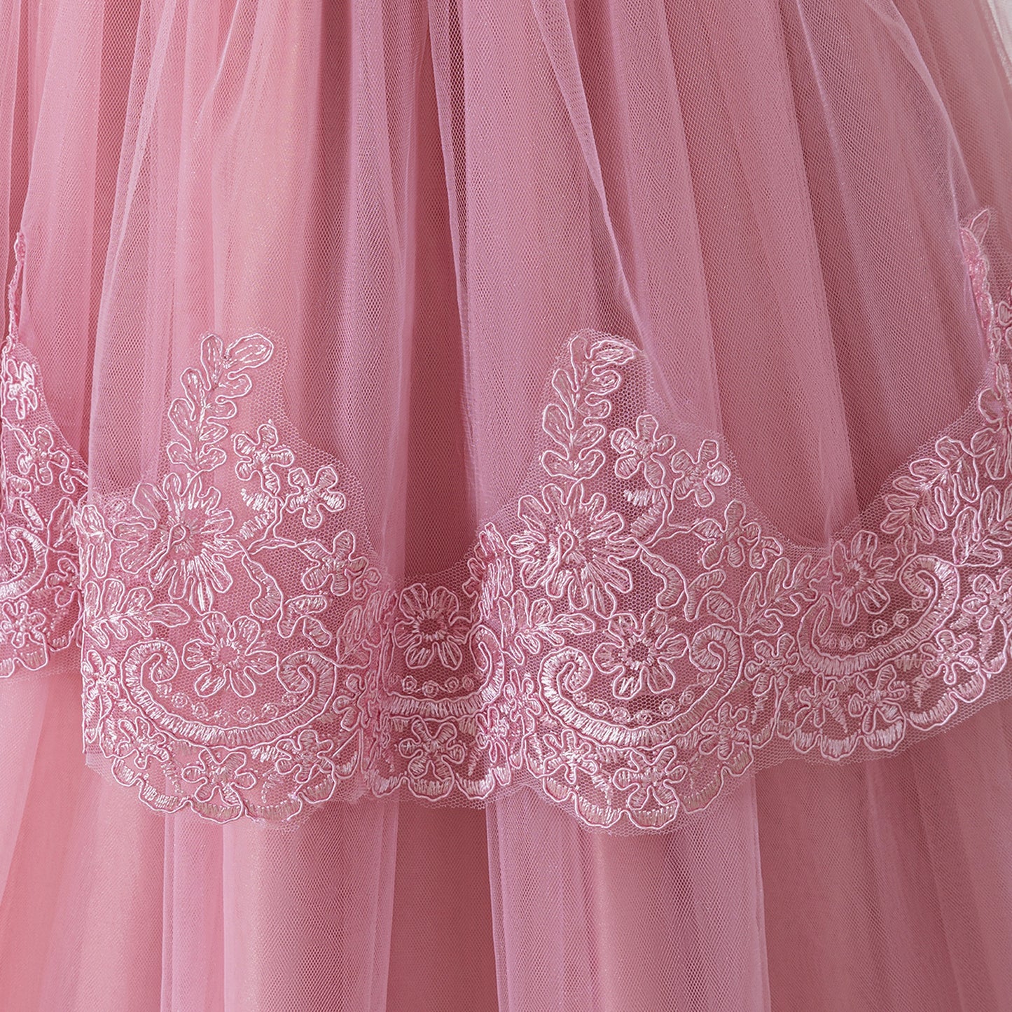 Pink Off Shoulder Maxi Girls Dress with Lace & Tiered Tulle | Formal Party & Flower Girl Gown