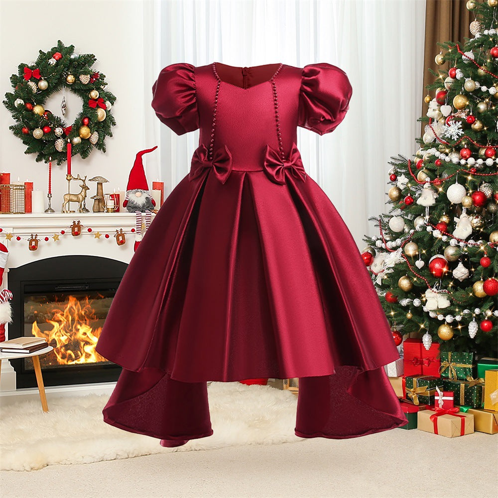 Princess Puff Sleeve Satin Dress for Girls with Bow and Sequins – Tea Length Party & Flower Girl Gown