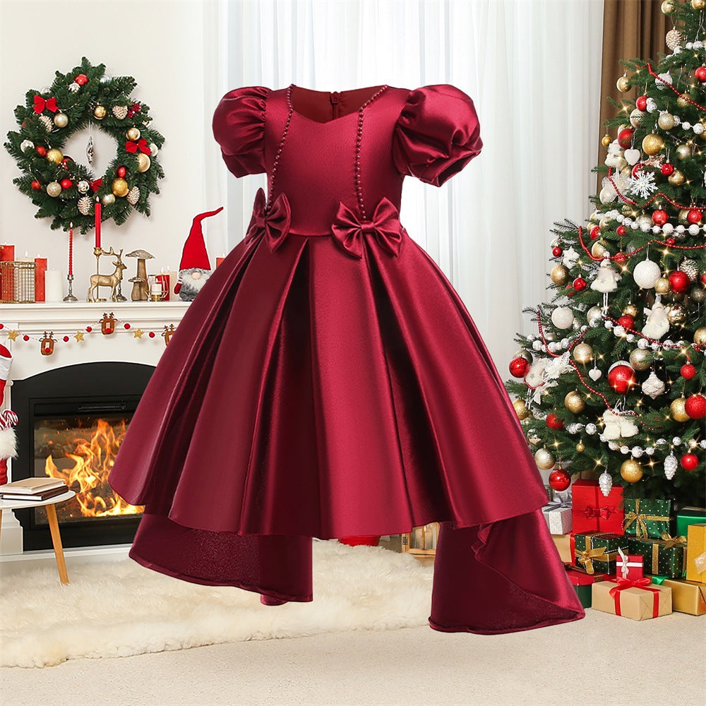 Princess Puff Sleeve Satin Dress for Girls with Bow and Sequins – Tea Length Party & Flower Girl Gown