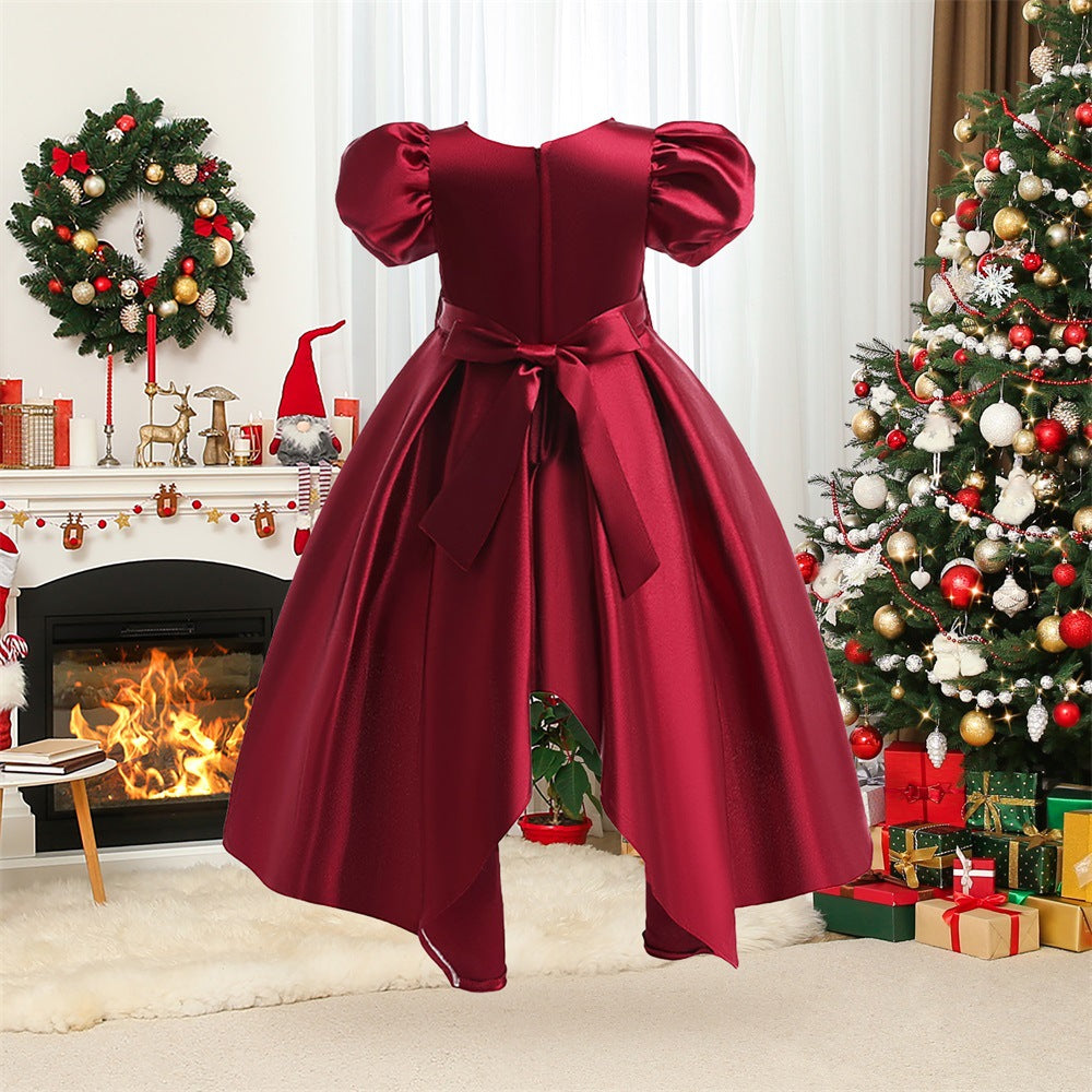 Princess Puff Sleeve Satin Dress for Girls with Bow and Sequins – Tea Length Party & Flower Girl Gown