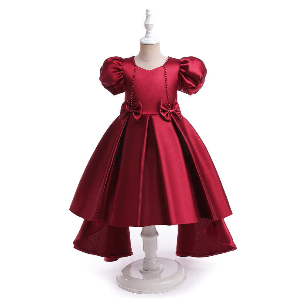 Princess Puff Sleeve Satin Dress for Girls with Bow and Sequins – Tea Length Party & Flower Girl Gown