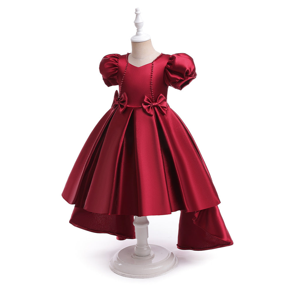 Princess Puff Sleeve Satin Dress for Girls with Bow and Sequins – Tea Length Party & Flower Girl Gown
