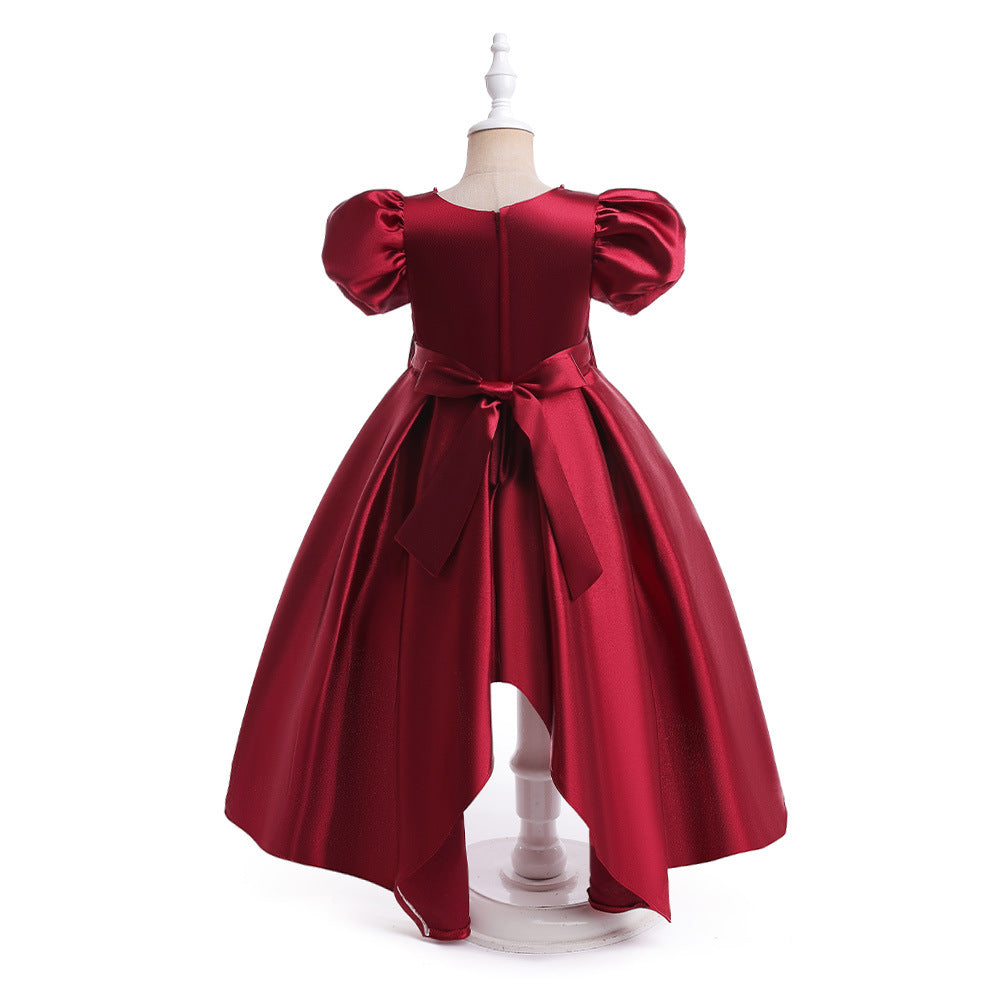 Princess Puff Sleeve Satin Dress for Girls with Bow and Sequins – Tea Length Party & Flower Girl Gown