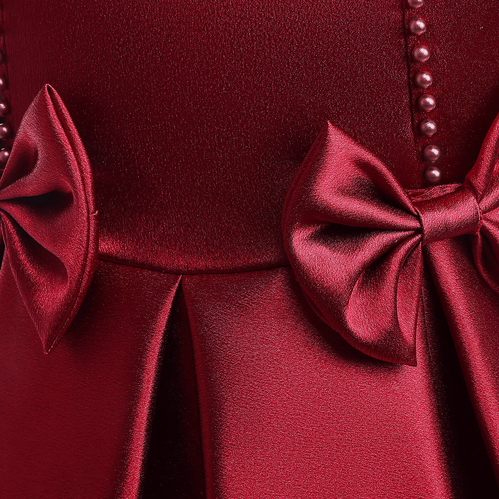 Princess Puff Sleeve Satin Dress for Girls with Bow and Sequins – Tea Length Party & Flower Girl Gown