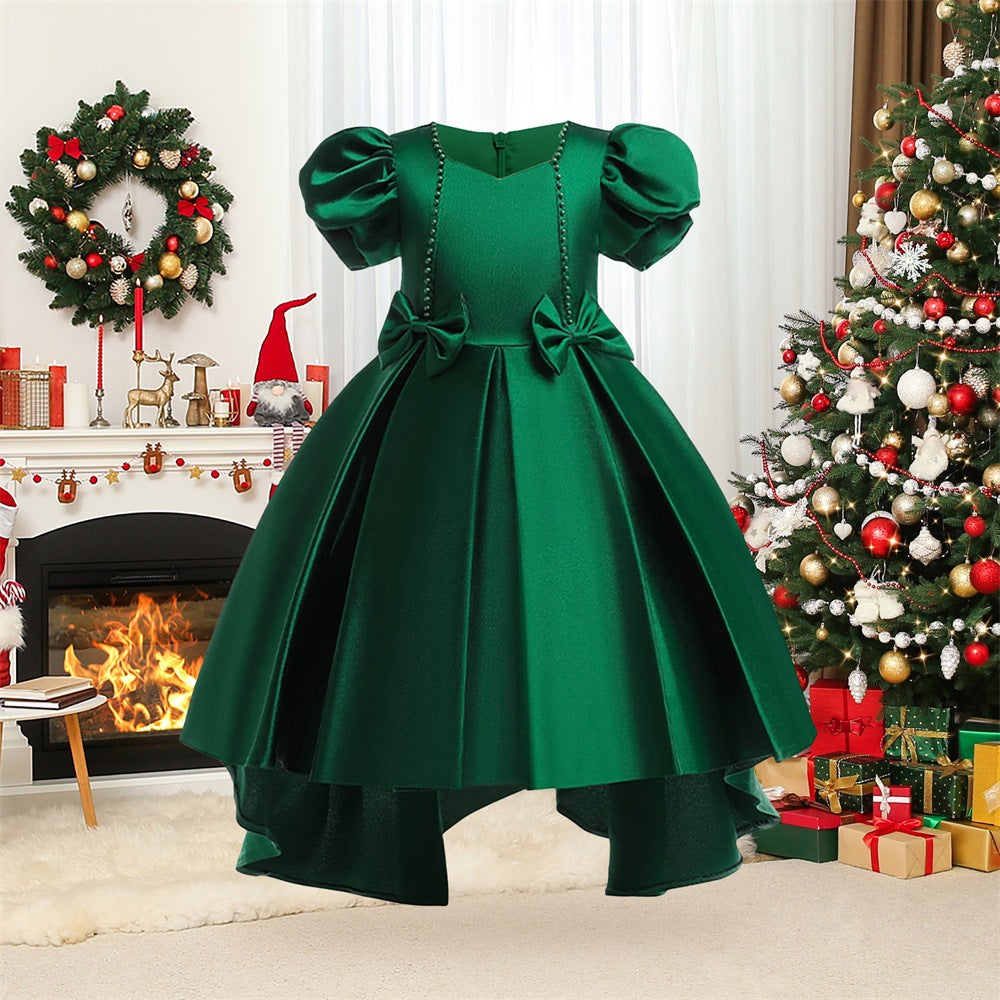 Princess Puff Sleeve Satin Dress for Girls with Bow and Sequins – Tea Length Party & Flower Girl Gown