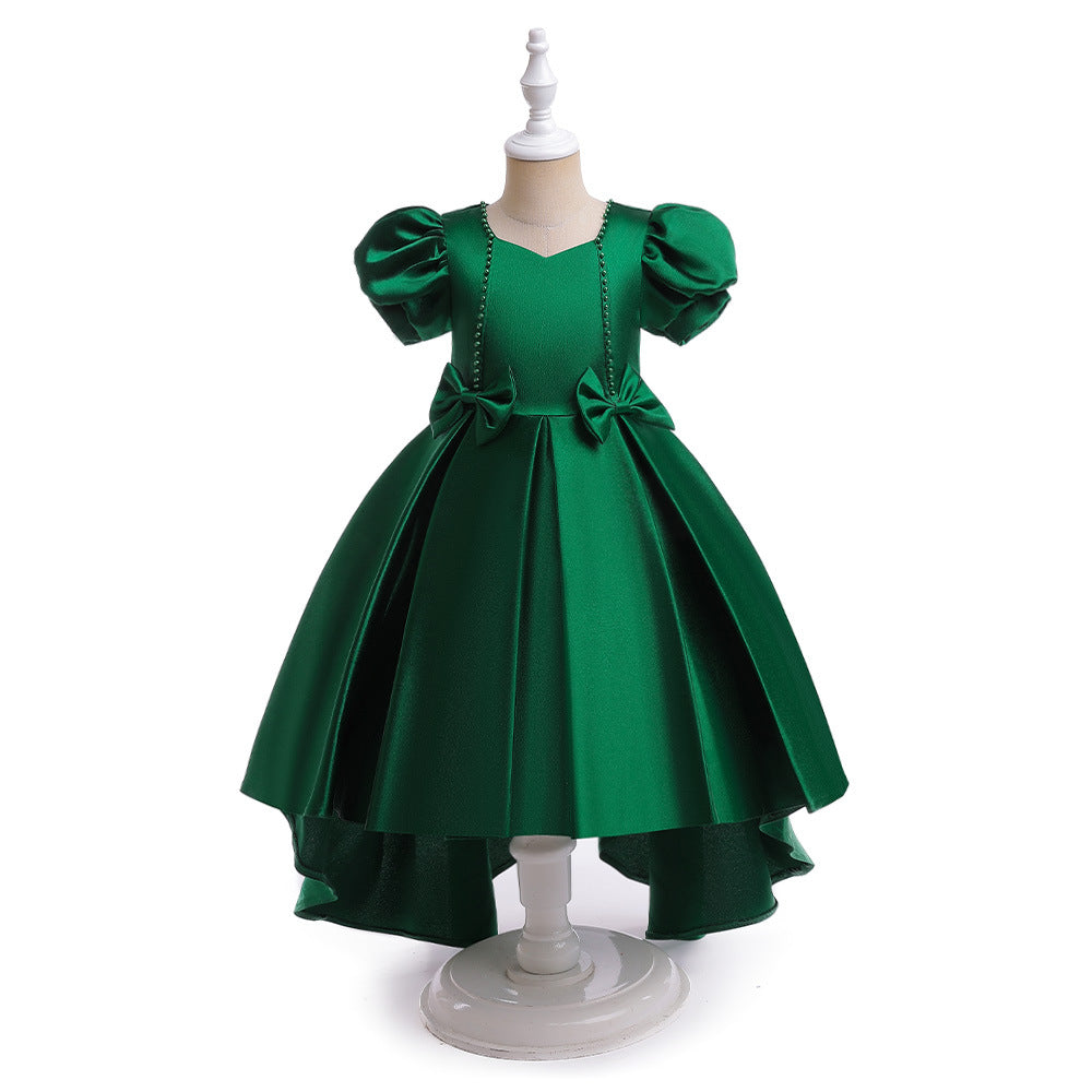 Princess Puff Sleeve Satin Dress for Girls with Bow and Sequins – Tea Length Party & Flower Girl Gown