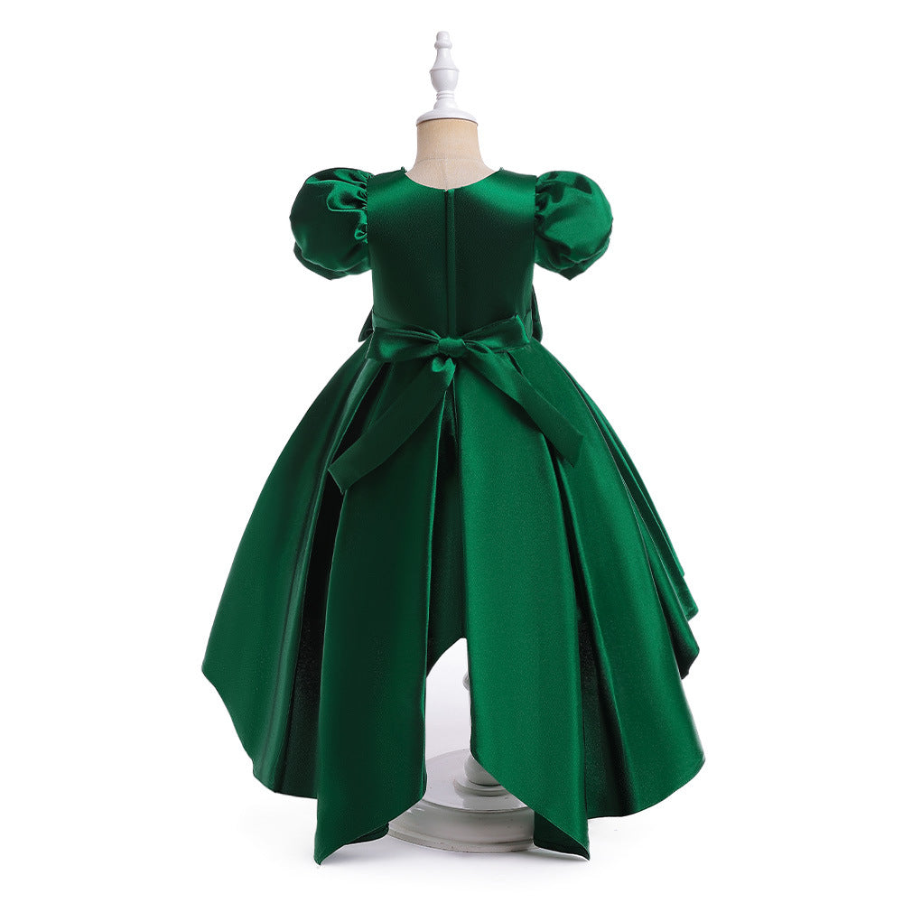 Princess Puff Sleeve Satin Dress for Girls with Bow and Sequins – Tea Length Party & Flower Girl Gown