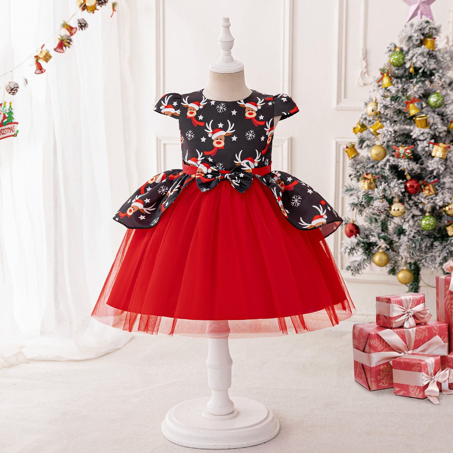 Red Puffy Princess Ball Gown Dress for Girls with Reindeer Print – Christmas & Party Outfit