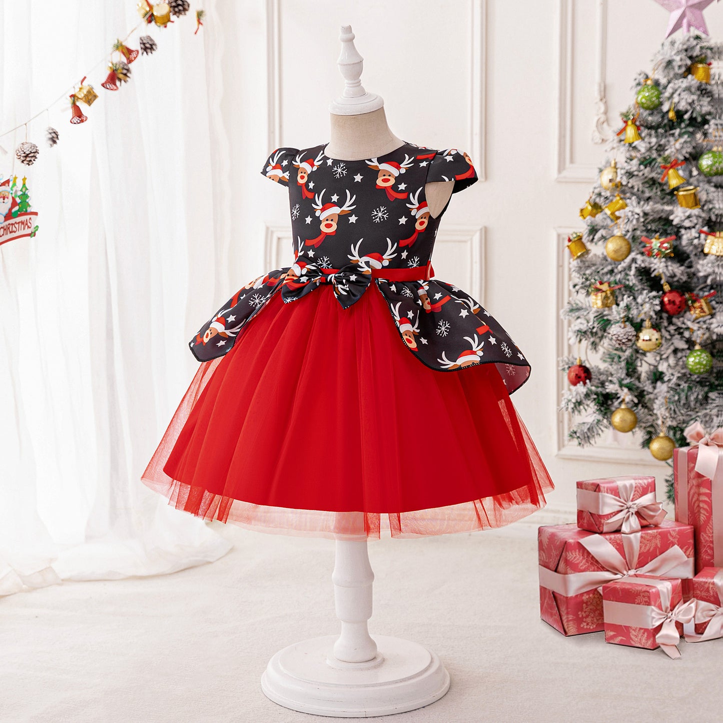 Red Puffy Princess Ball Gown Dress for Girls with Reindeer Print – Christmas & Party Outfit