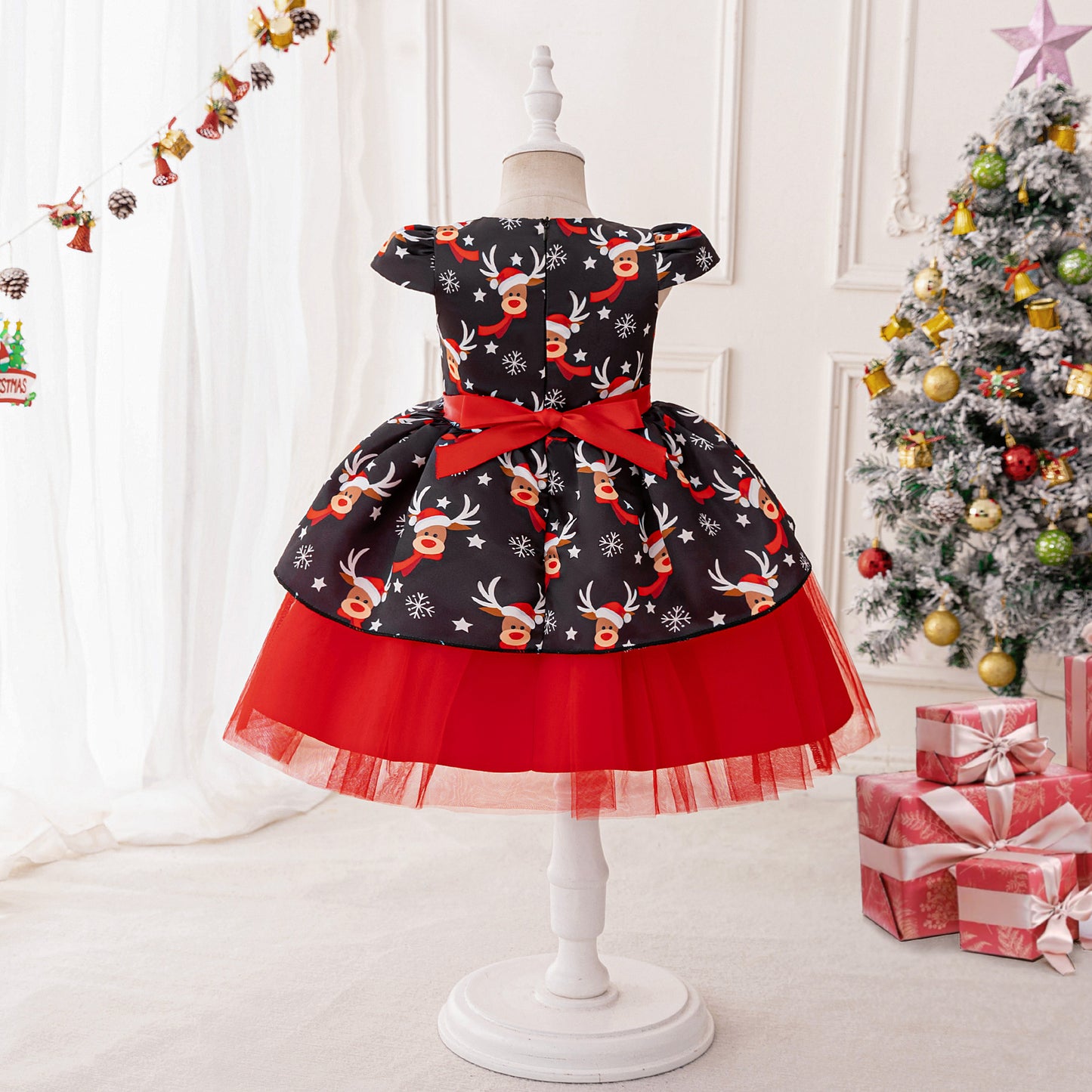 Red Puffy Princess Ball Gown Dress for Girls with Reindeer Print – Christmas & Party Outfit