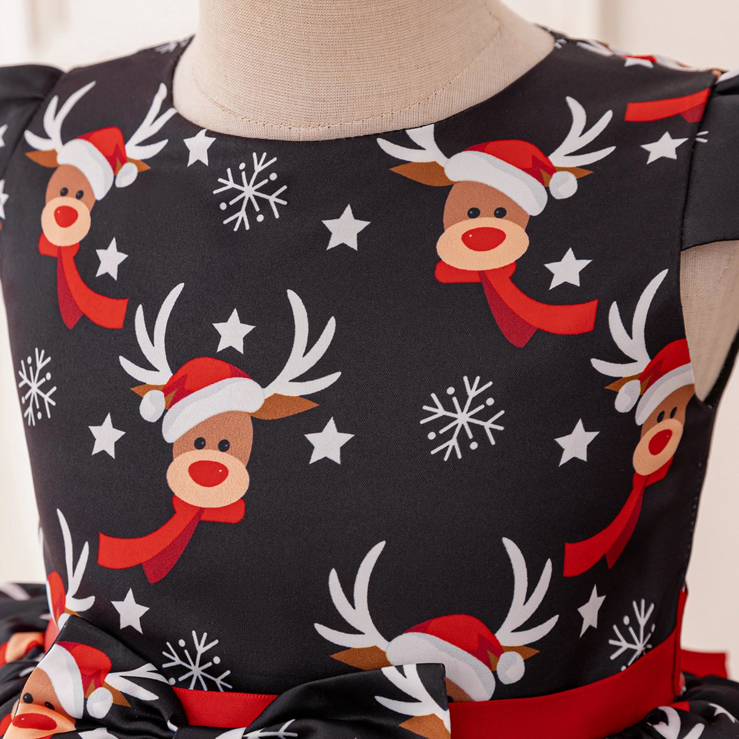 Red Puffy Princess Ball Gown Dress for Girls with Reindeer Print – Christmas & Party Outfit