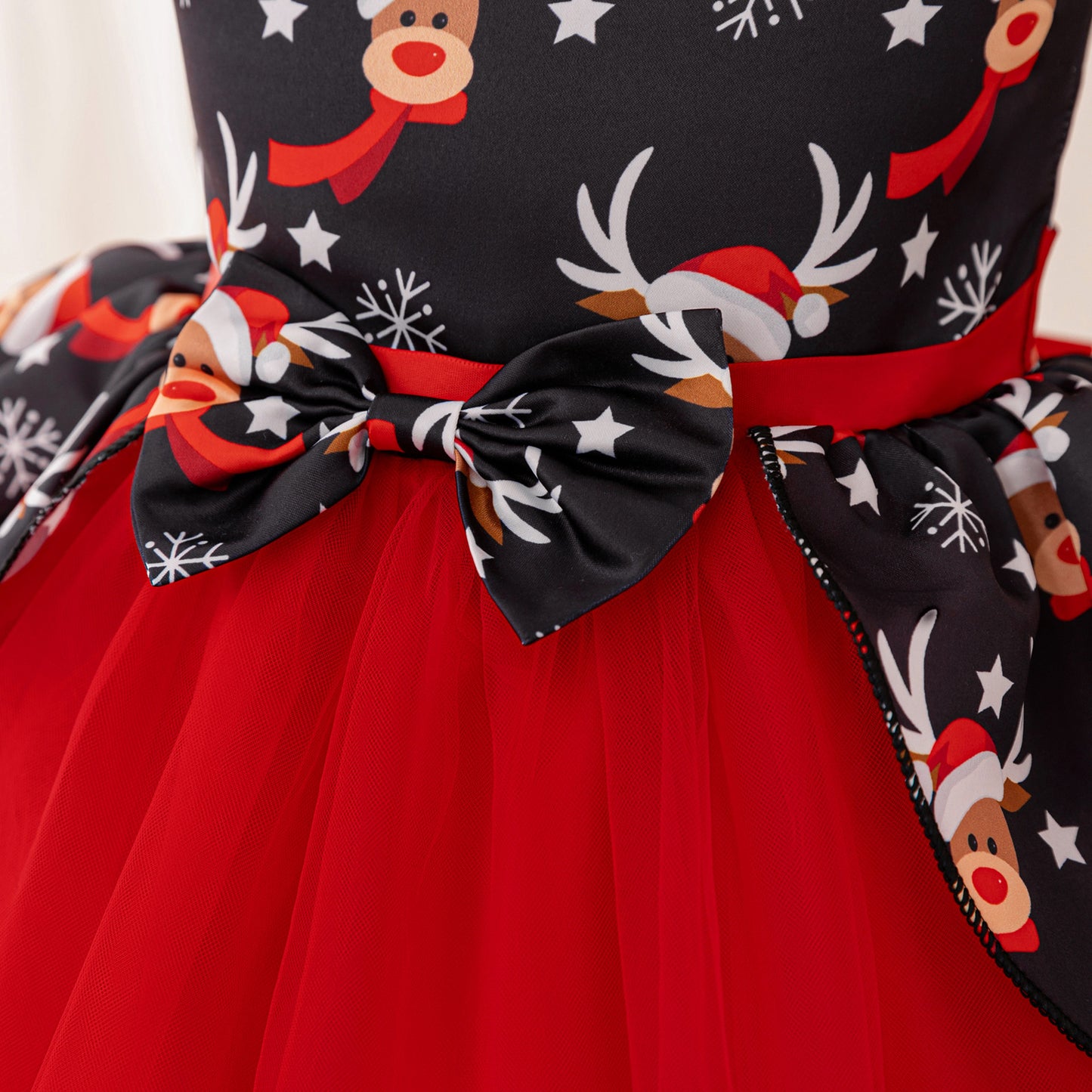 Red Puffy Princess Ball Gown Dress for Girls with Reindeer Print – Christmas & Party Outfit