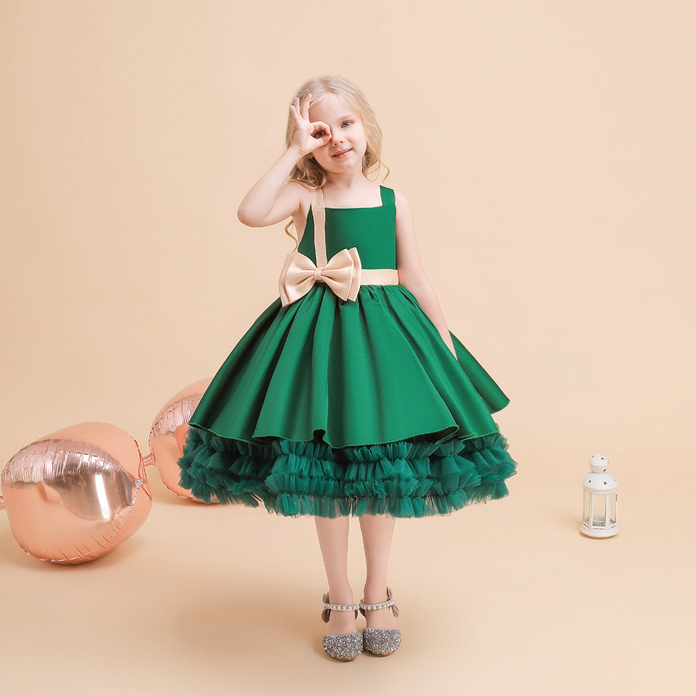 Cute Puffy Ball Gown Dress for Girls - Tea Length Satin Party Dress with Bowknot & Ruffles