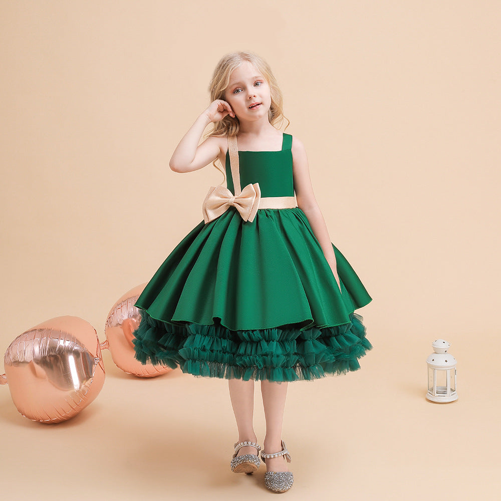 Cute Puffy Ball Gown Dress for Girls - Tea Length Satin Party Dress with Bowknot & Ruffles