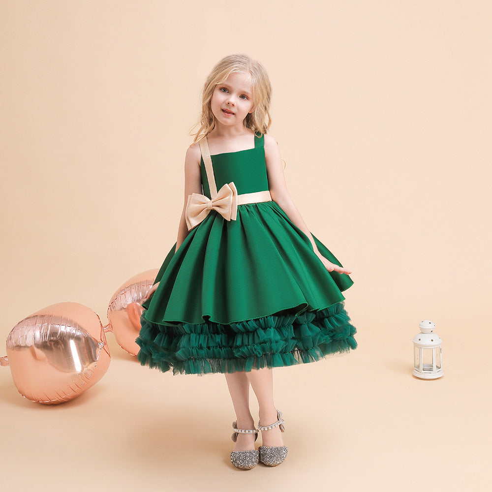 Cute Puffy Ball Gown Dress for Girls - Tea Length Satin Party Dress with Bowknot & Ruffles