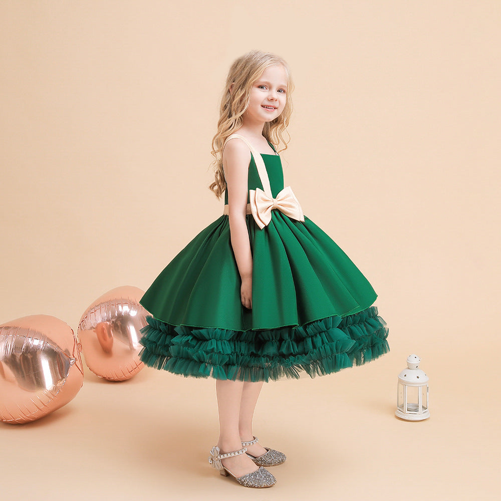 Cute Puffy Ball Gown Dress for Girls - Tea Length Satin Party Dress with Bowknot & Ruffles