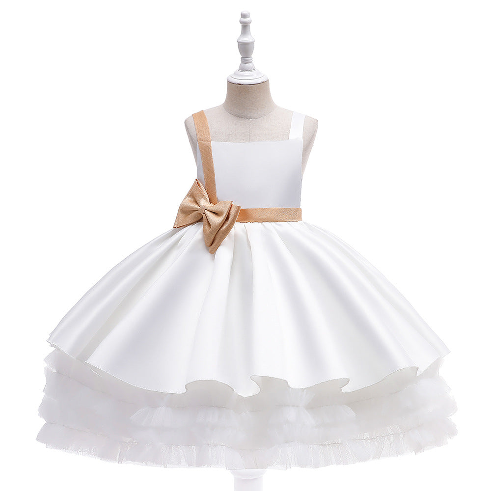 Cute Puffy Ball Gown Dress for Girls - Tea Length Satin Party Dress with Bowknot & Ruffles