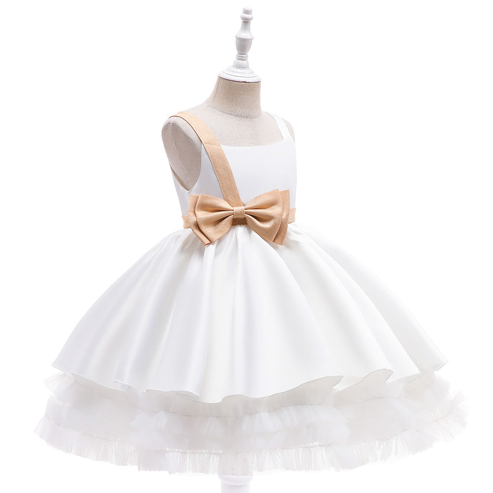 Cute Puffy Ball Gown Dress for Girls - Tea Length Satin Party Dress with Bowknot & Ruffles