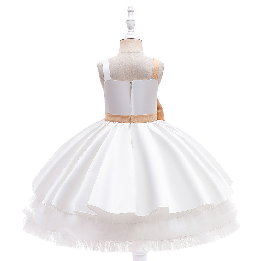 Cute Puffy Ball Gown Dress for Girls - Tea Length Satin Party Dress with Bowknot & Ruffles