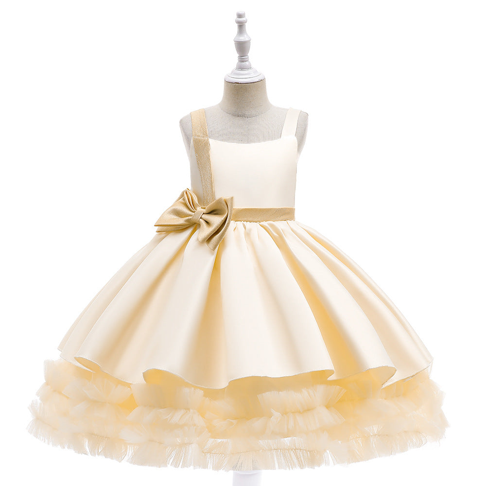 Cute Puffy Ball Gown Dress for Girls - Tea Length Satin Party Dress with Bowknot & Ruffles