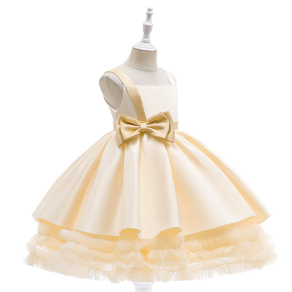 Cute Puffy Ball Gown Dress for Girls - Tea Length Satin Party Dress with Bowknot & Ruffles