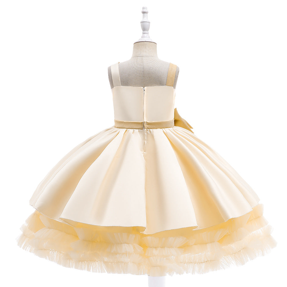Cute Puffy Ball Gown Dress for Girls - Tea Length Satin Party Dress with Bowknot & Ruffles