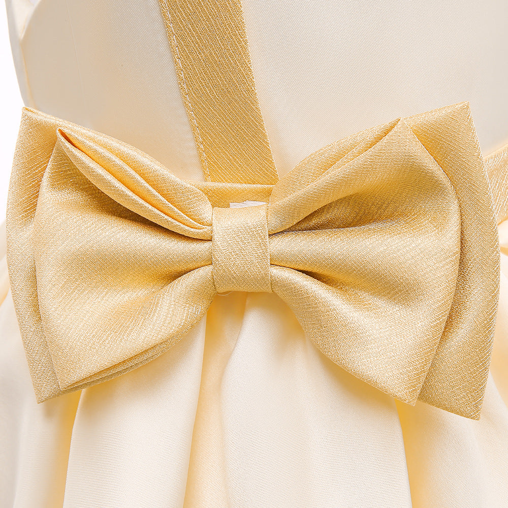 Cute Puffy Ball Gown Dress for Girls - Tea Length Satin Party Dress with Bowknot & Ruffles