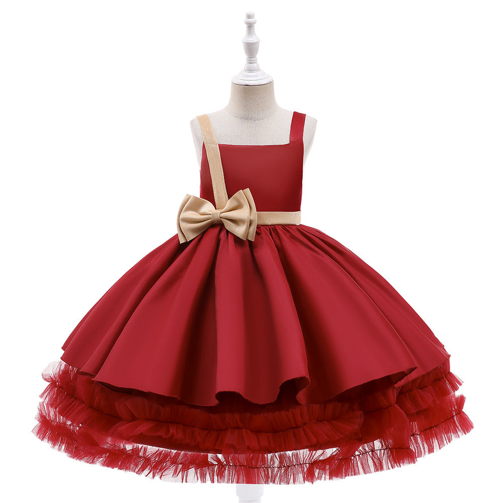 Cute Puffy Ball Gown Dress for Girls - Tea Length Satin Party Dress with Bowknot & Ruffles