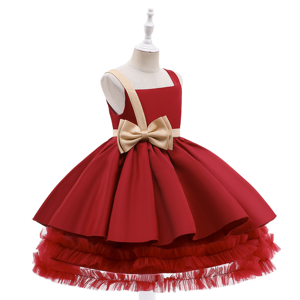 Cute Puffy Ball Gown Dress for Girls - Tea Length Satin Party Dress with Bowknot & Ruffles