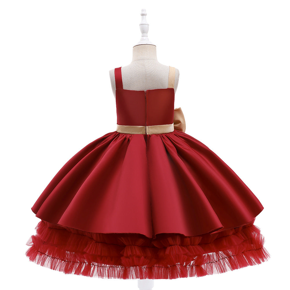Cute Puffy Ball Gown Dress for Girls - Tea Length Satin Party Dress with Bowknot & Ruffles