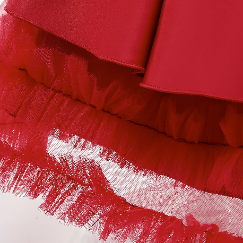 Cute Puffy Ball Gown Dress for Girls - Tea Length Satin Party Dress with Bowknot & Ruffles