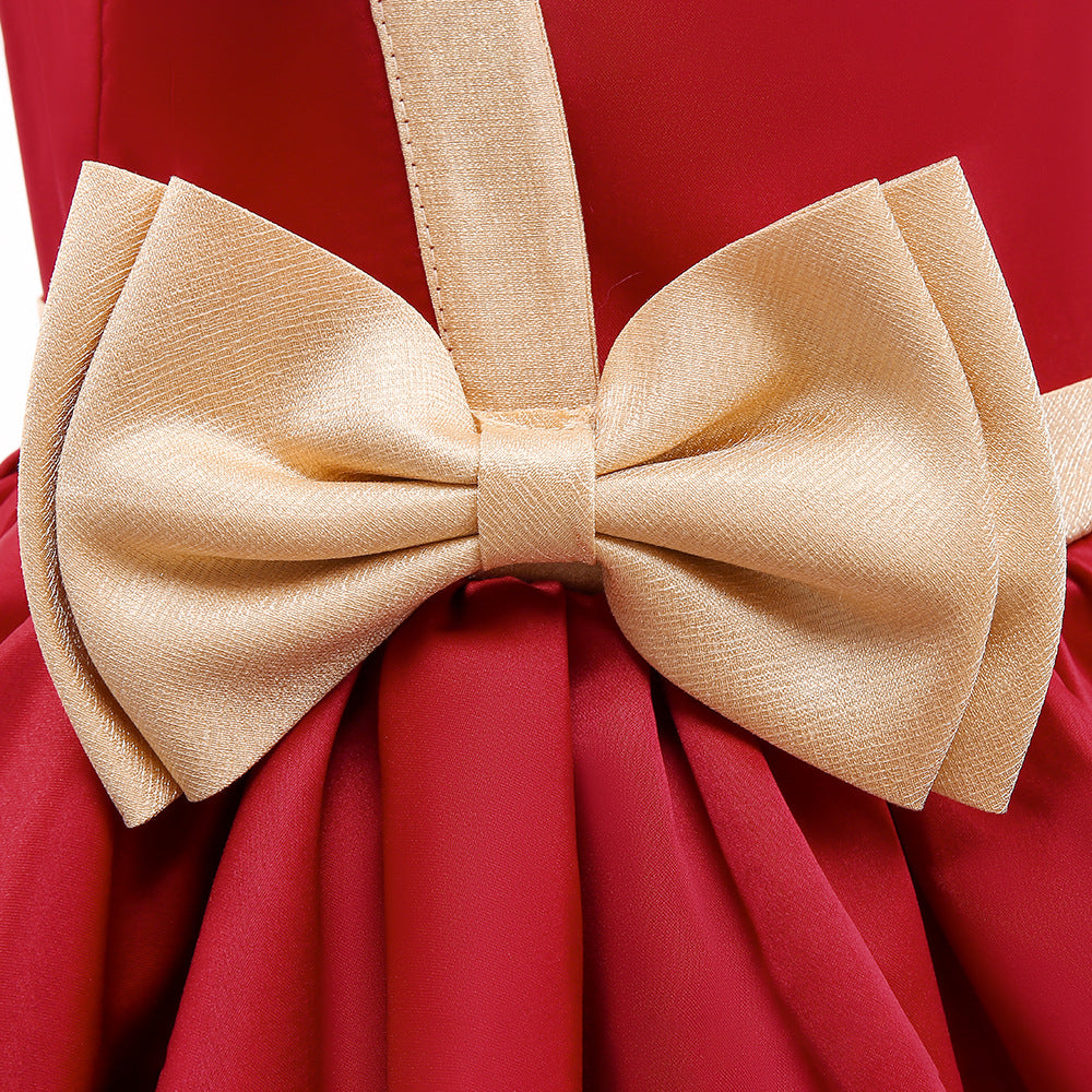 Cute Puffy Ball Gown Dress for Girls - Tea Length Satin Party Dress with Bowknot & Ruffles