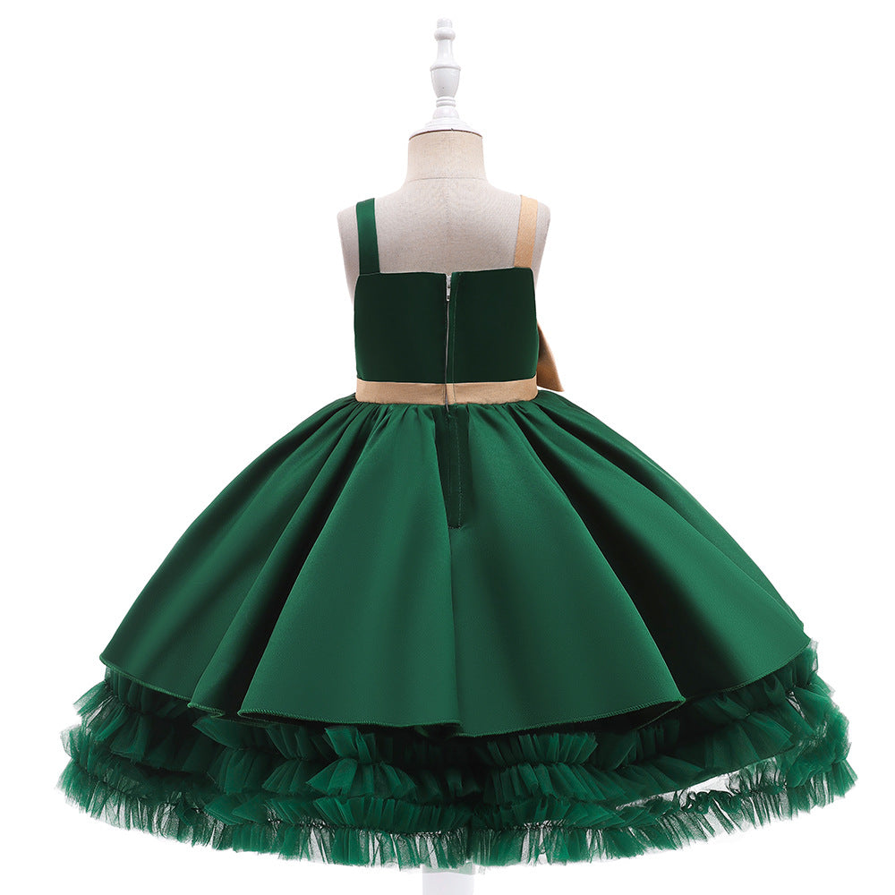Cute Puffy Ball Gown Dress for Girls - Tea Length Satin Party Dress with Bowknot & Ruffles