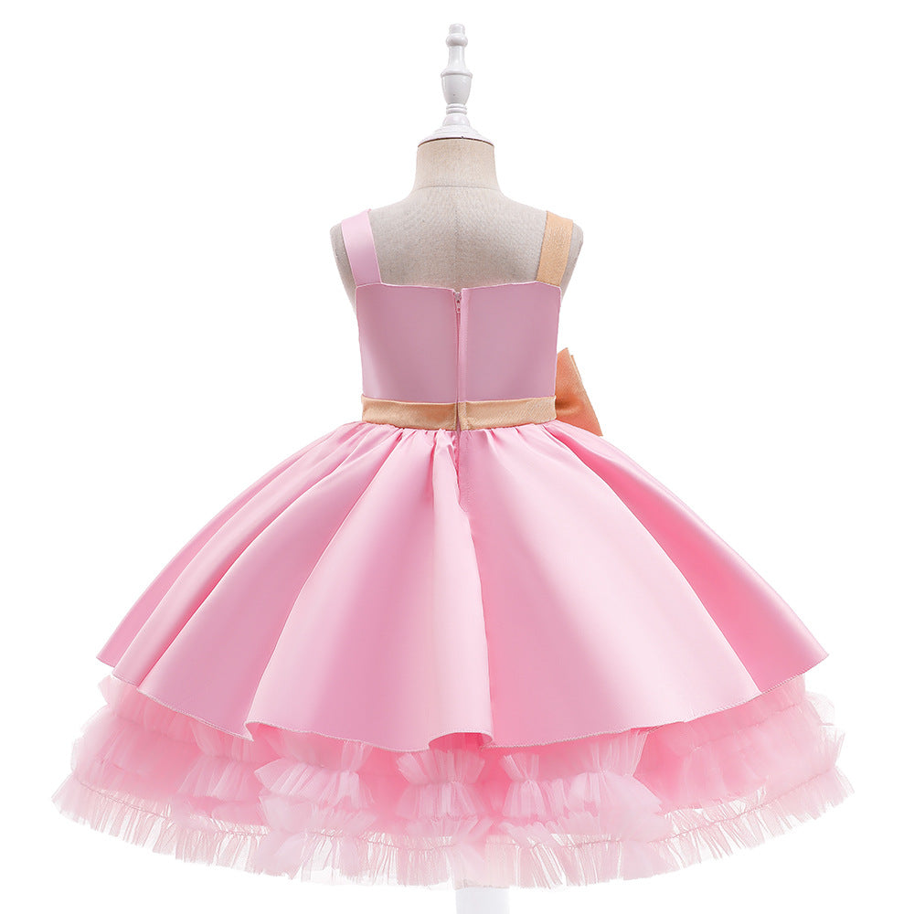Cute Puffy Ball Gown Dress for Girls - Tea Length Satin Party Dress with Bowknot & Ruffles