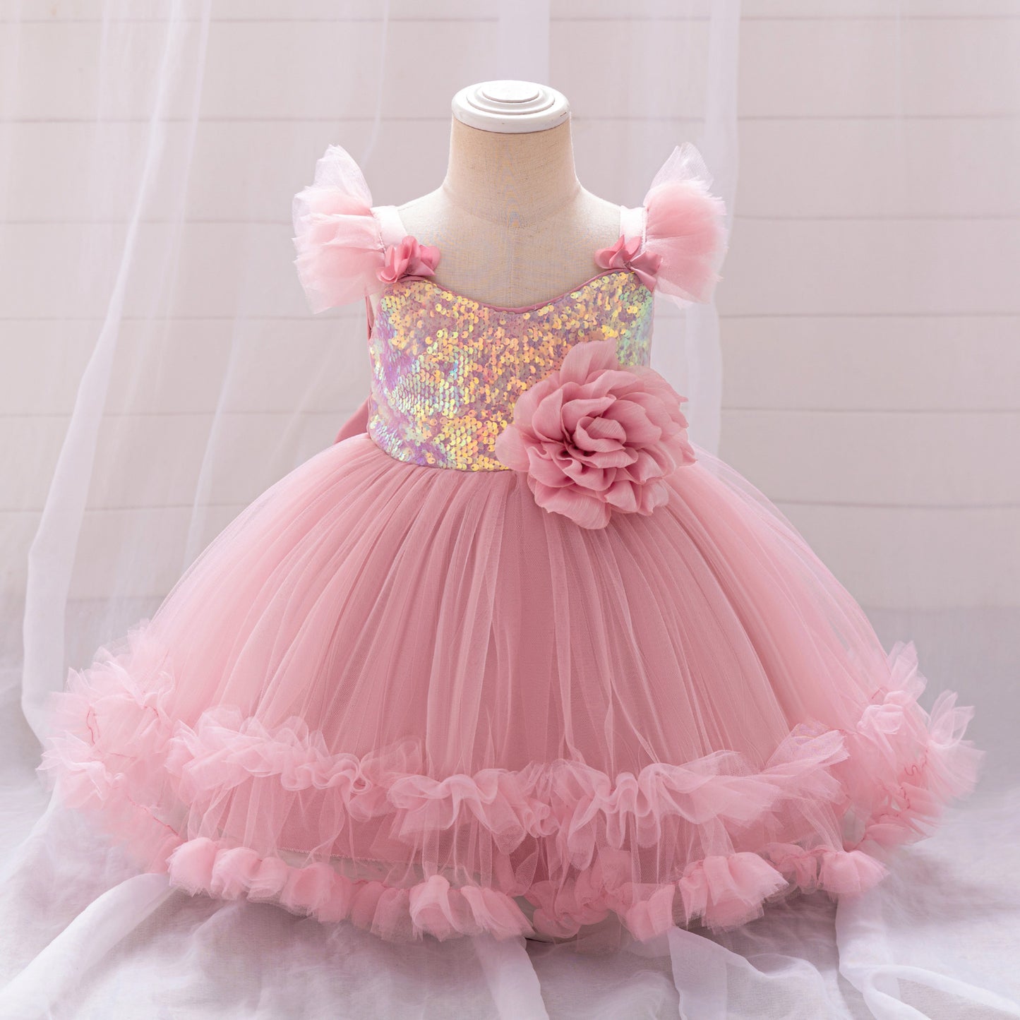 Puffy Ball Gown Dress for Girls with Sequins, Flowers & Bowknot | Cute Tea-Length Party Princess Dress