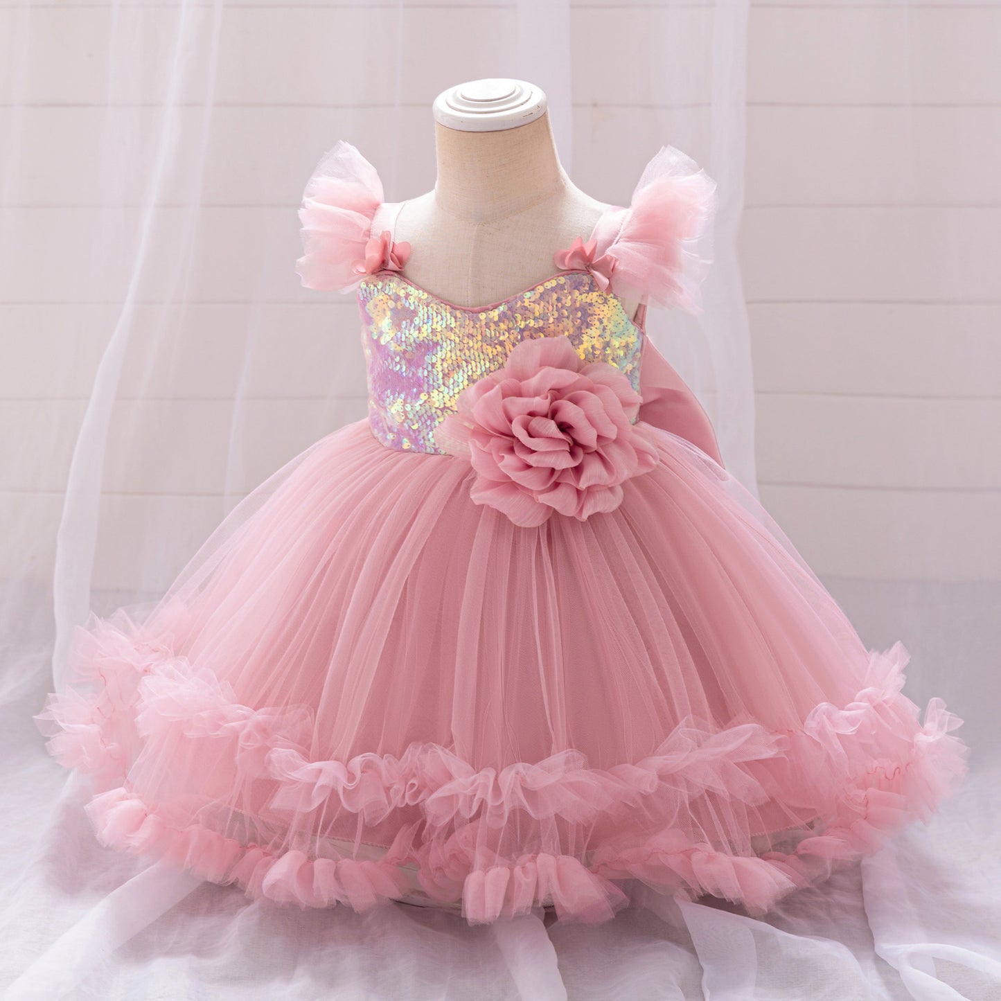 Puffy Ball Gown Dress for Girls with Sequins, Flowers & Bowknot | Cute Tea-Length Party Princess Dress