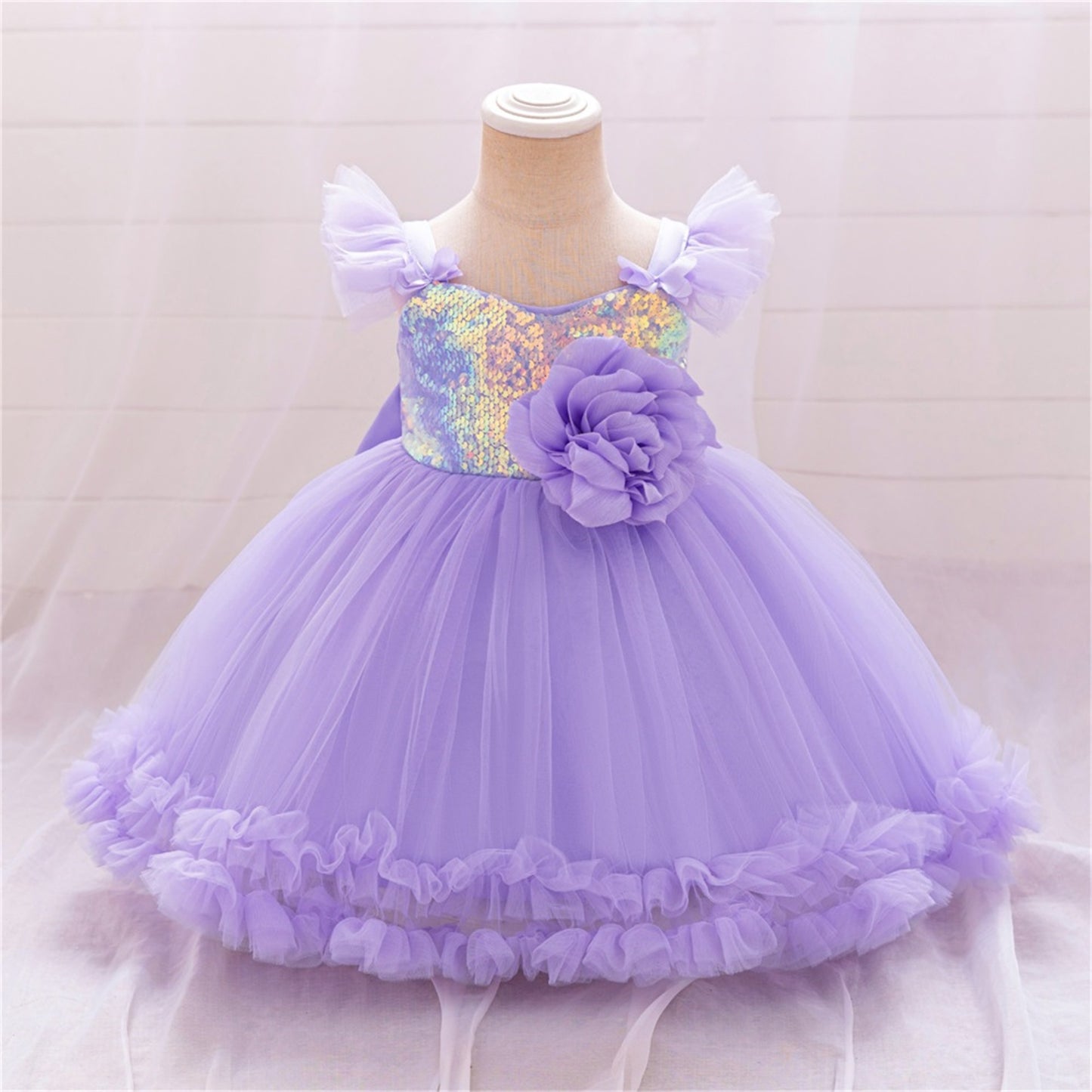 Puffy Ball Gown Dress for Girls with Sequins, Flowers & Bowknot | Cute Tea-Length Party Princess Dress