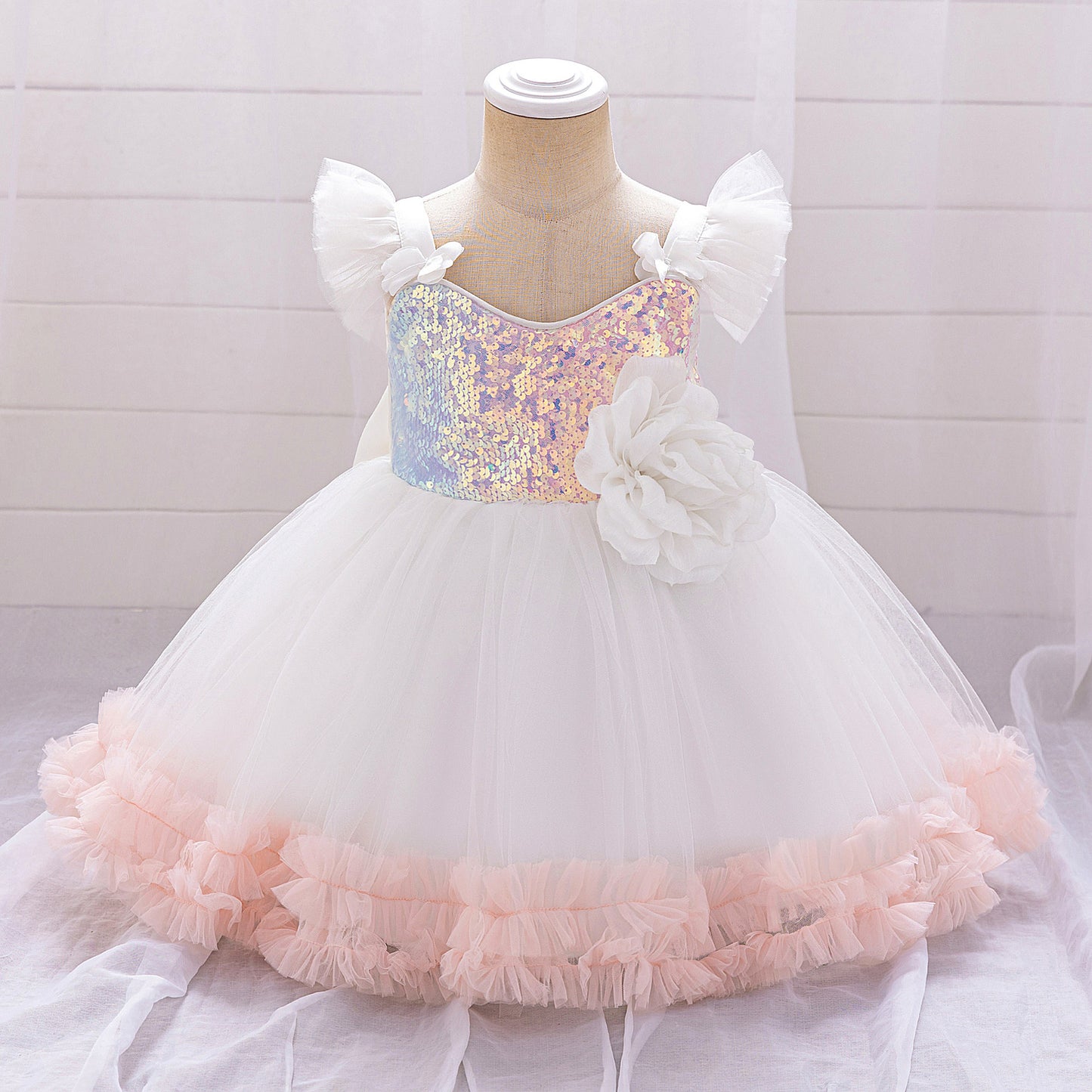 Puffy Ball Gown Dress for Girls with Sequins, Flowers & Bowknot | Cute Tea-Length Party Princess Dress