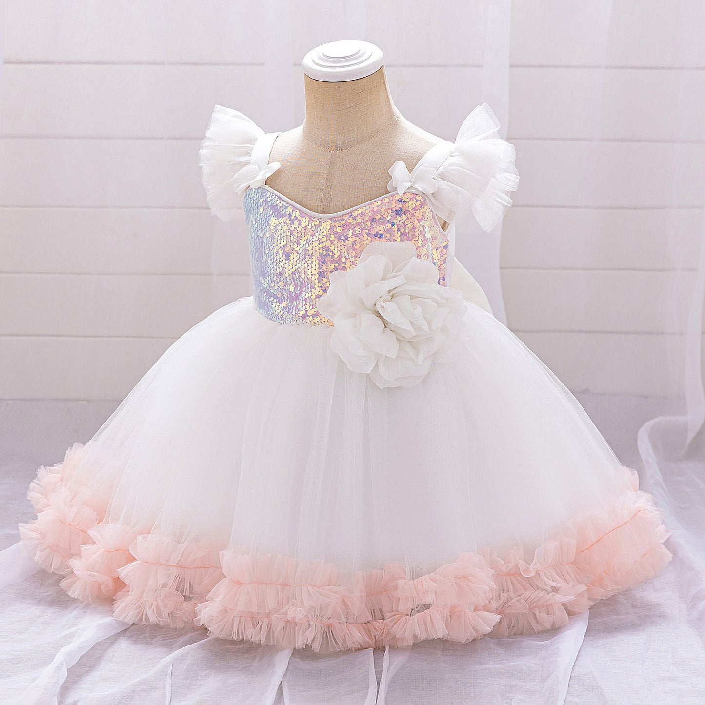 Puffy Ball Gown Dress for Girls with Sequins, Flowers & Bowknot | Cute Tea-Length Party Princess Dress