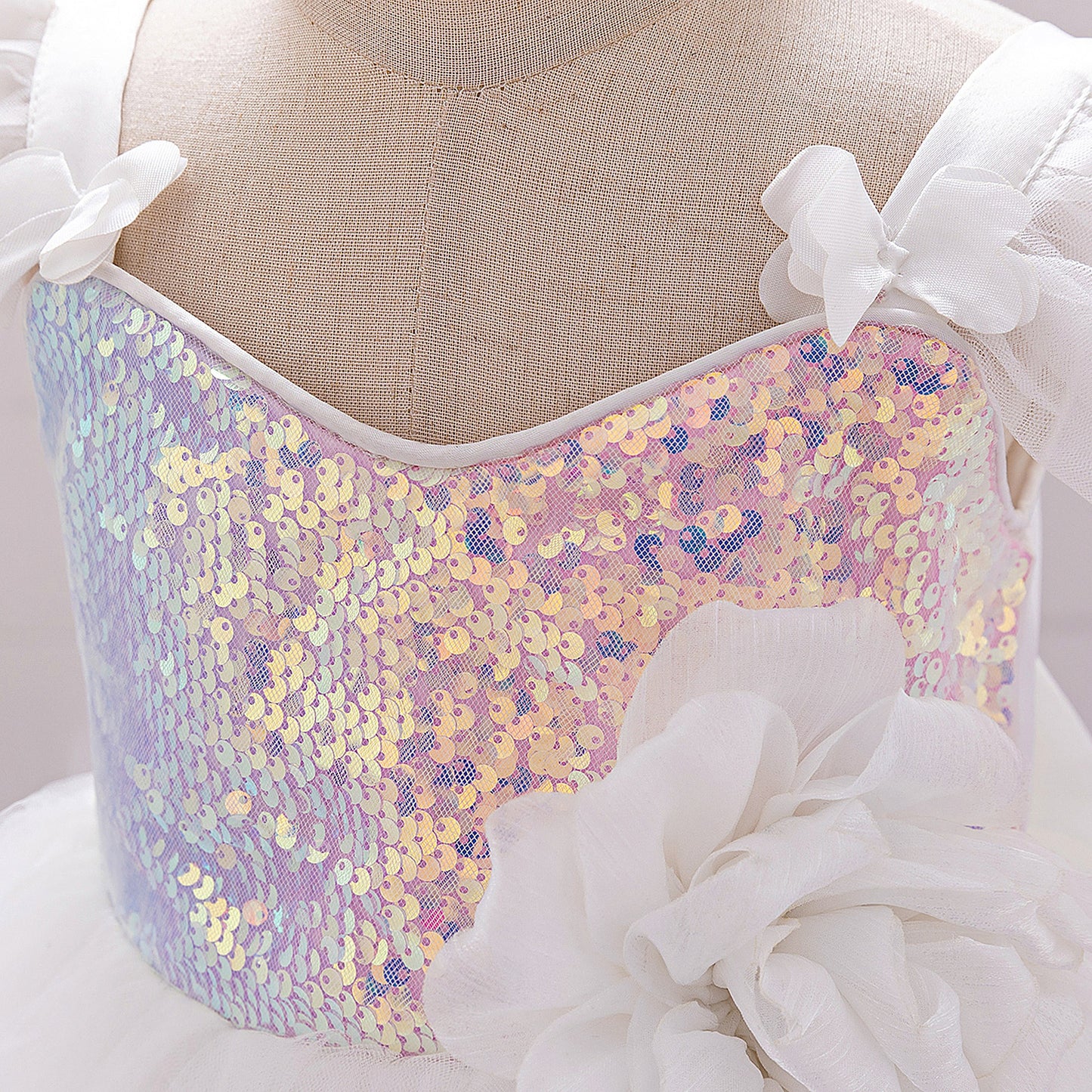 Puffy Ball Gown Dress for Girls with Sequins, Flowers & Bowknot | Cute Tea-Length Party Princess Dress