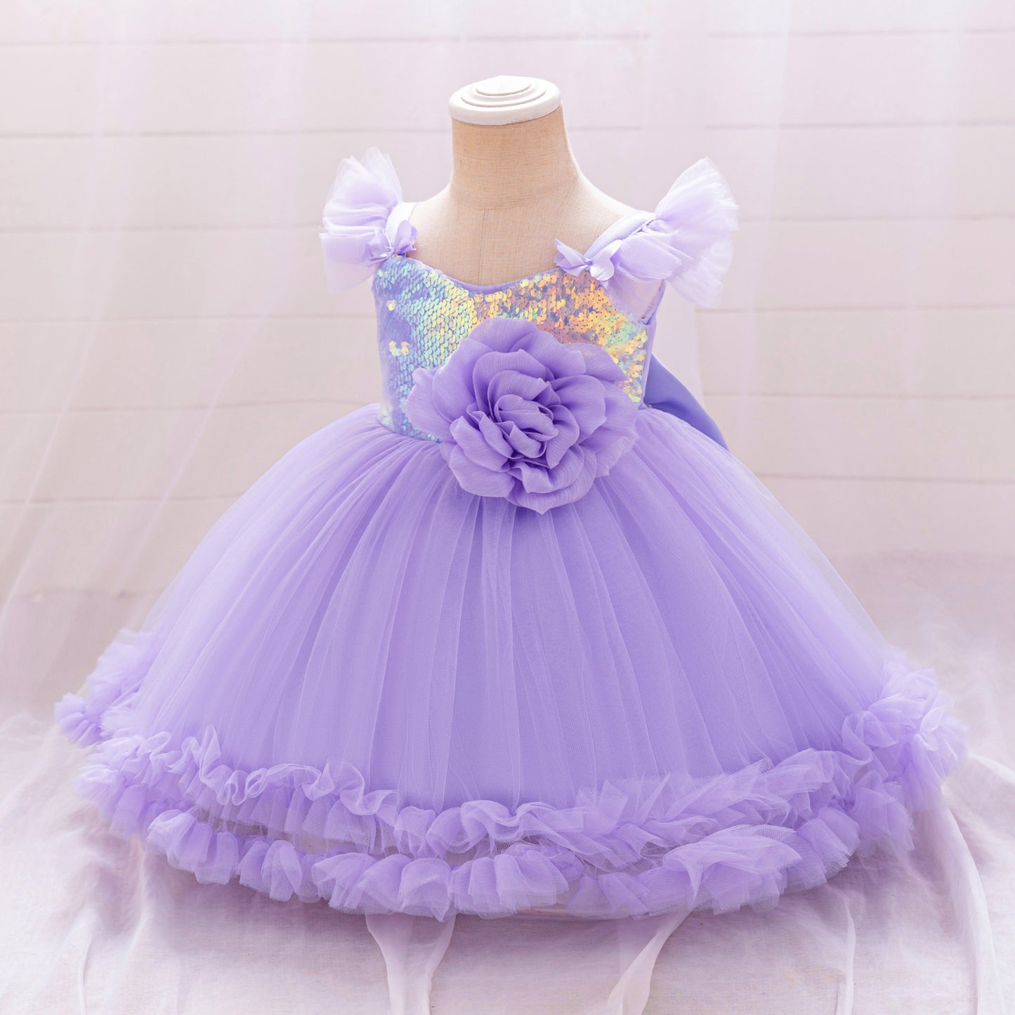 Puffy Ball Gown Dress for Girls with Sequins, Flowers & Bowknot | Cute Tea-Length Party Princess Dress