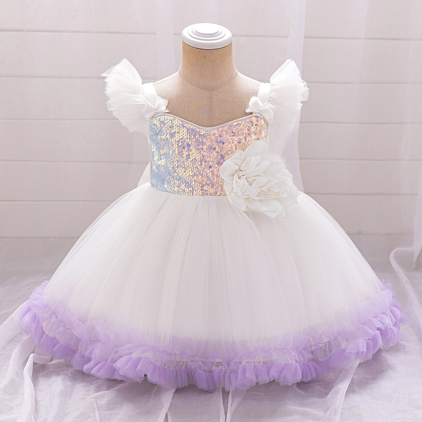Puffy Ball Gown Dress for Girls with Sequins, Flowers & Bowknot | Cute Tea-Length Party Princess Dress