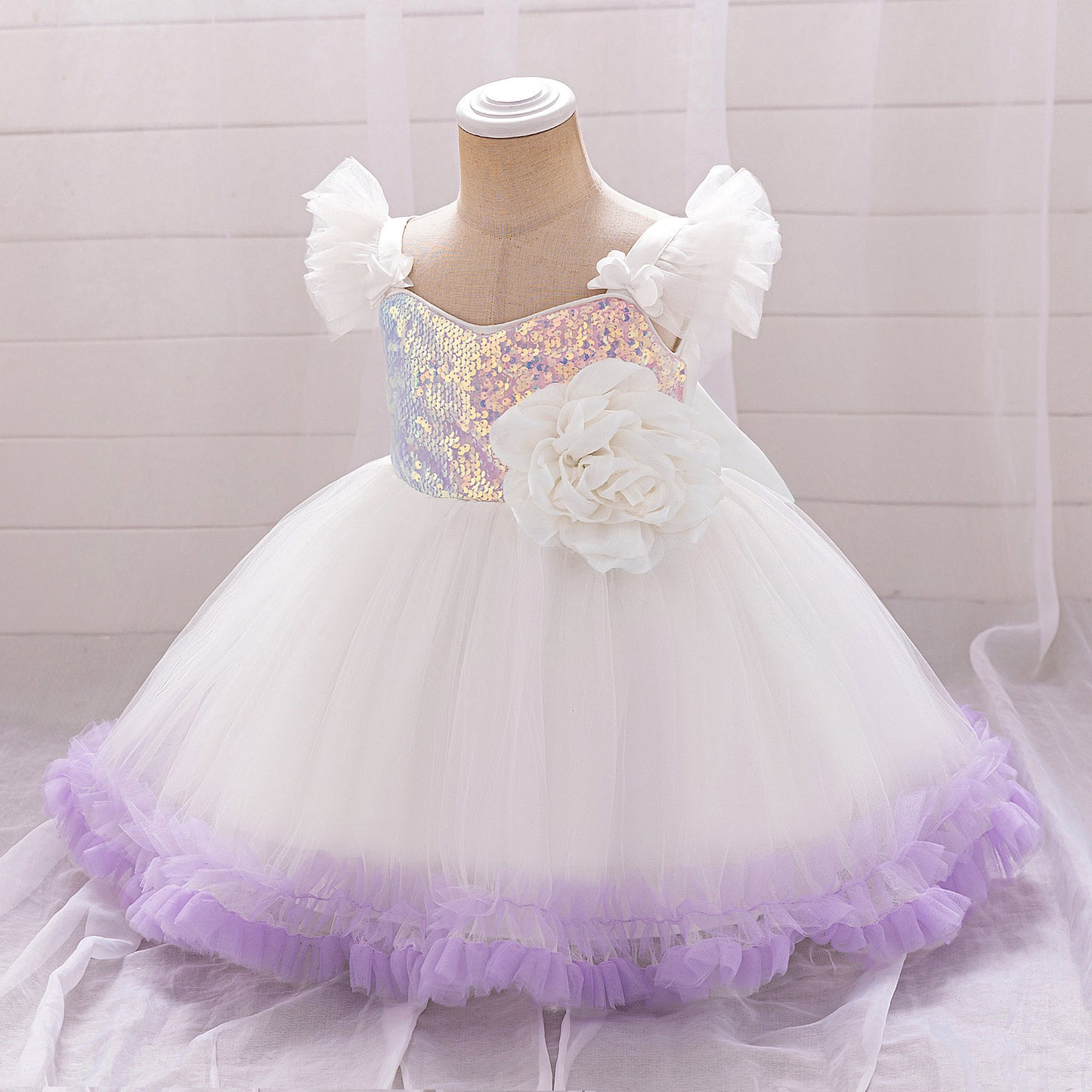 Puffy Ball Gown Dress for Girls with Sequins, Flowers & Bowknot | Cute Tea-Length Party Princess Dress