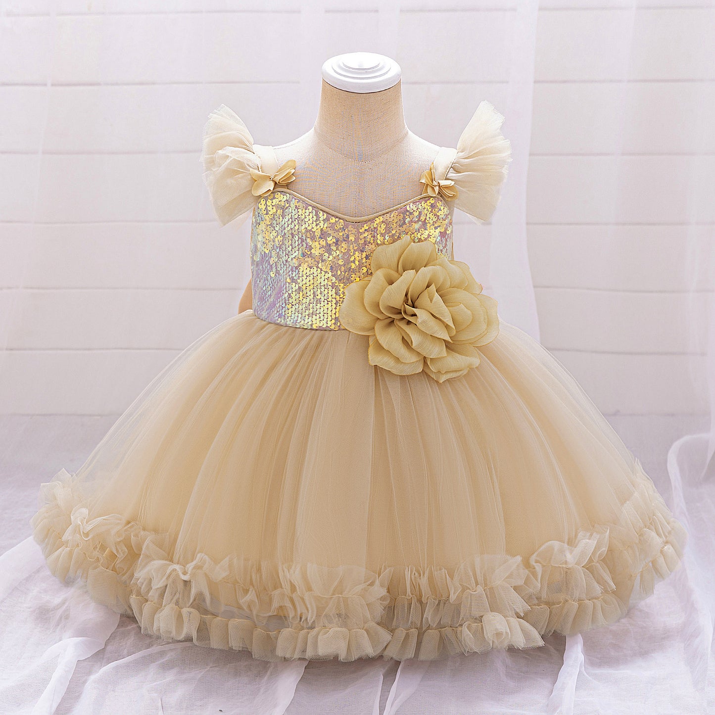 Puffy Ball Gown Dress for Girls with Sequins, Flowers & Bowknot | Cute Tea-Length Party Princess Dress